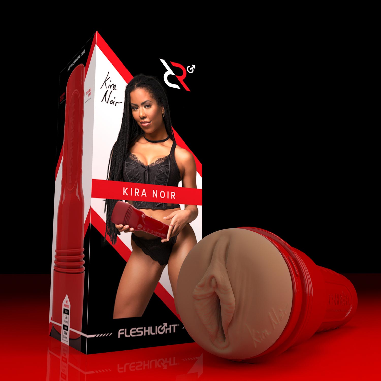 Ricky's Room Fleshlight packaging with Kira Noir next to a angled shot of her pussy sex toy.